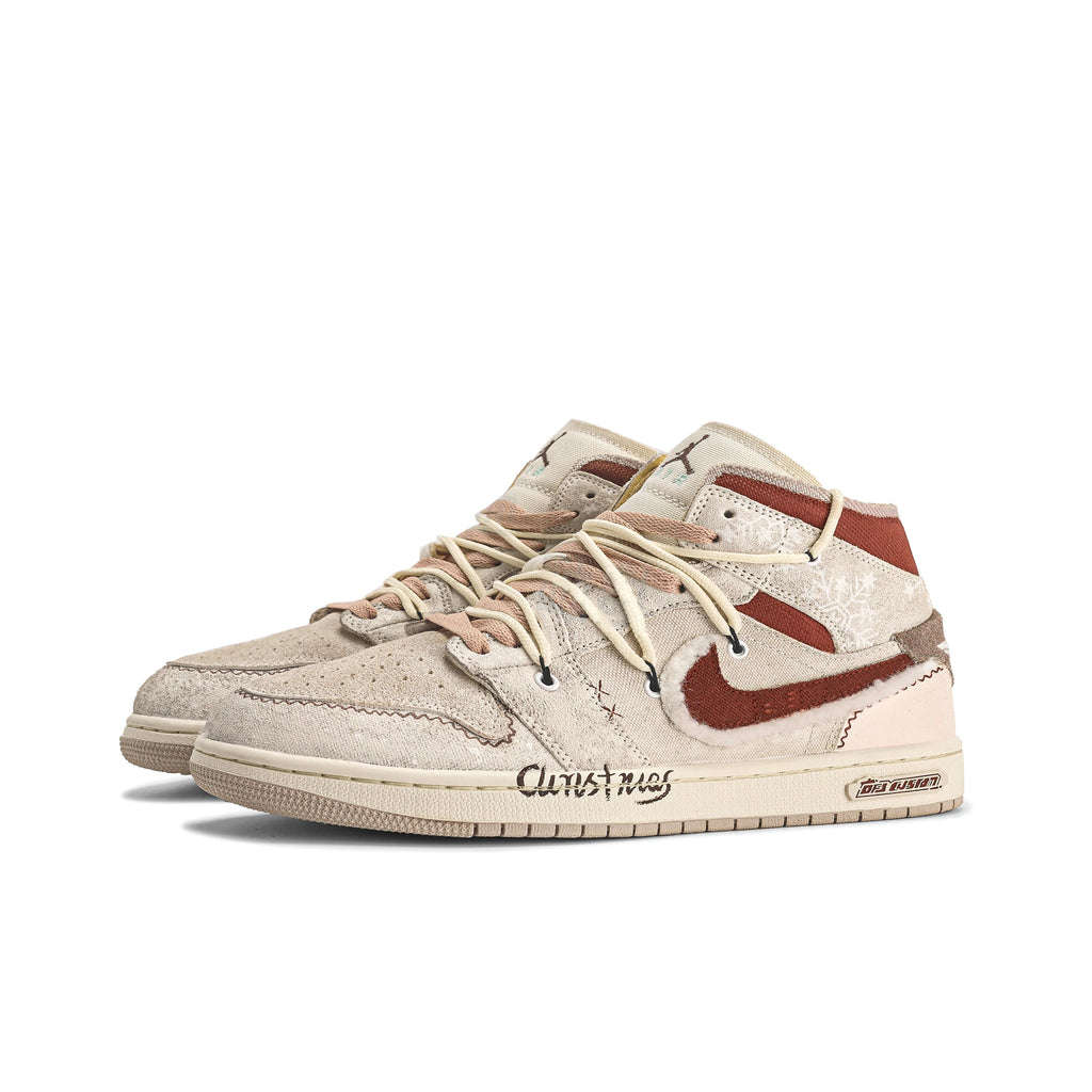 [Custom Midnight Snowfall] Air Jordan 1 Mid Top Skateboarding Men‘s Shoes Brown